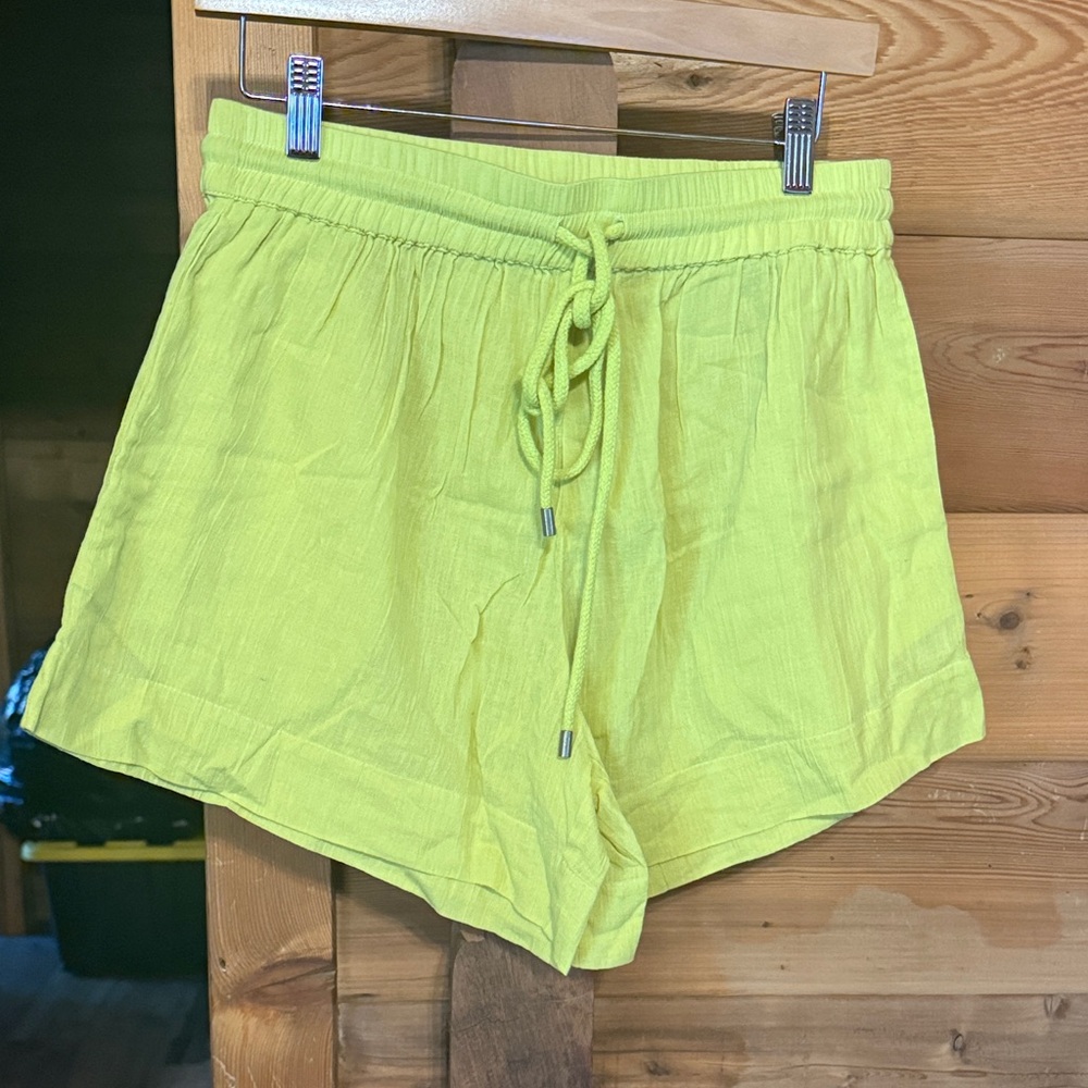 THE GREAT. Neon Yellow Drawstring Linen-Blend Athletic Shorts